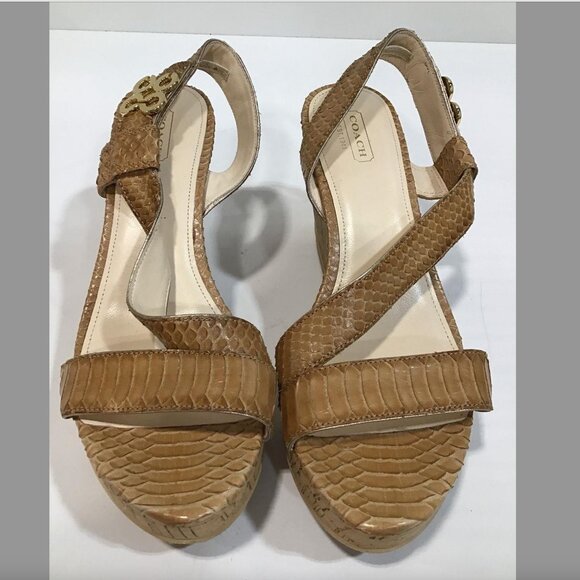 EUC COACH Snakeskin Espadrille Wedges Gold Logo Cork heel COMFY sz 9 Nude - Picture 3 of 9